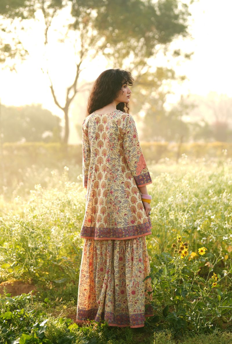 Light Yellow Short Kalidaar Gulmohar Gharara Set