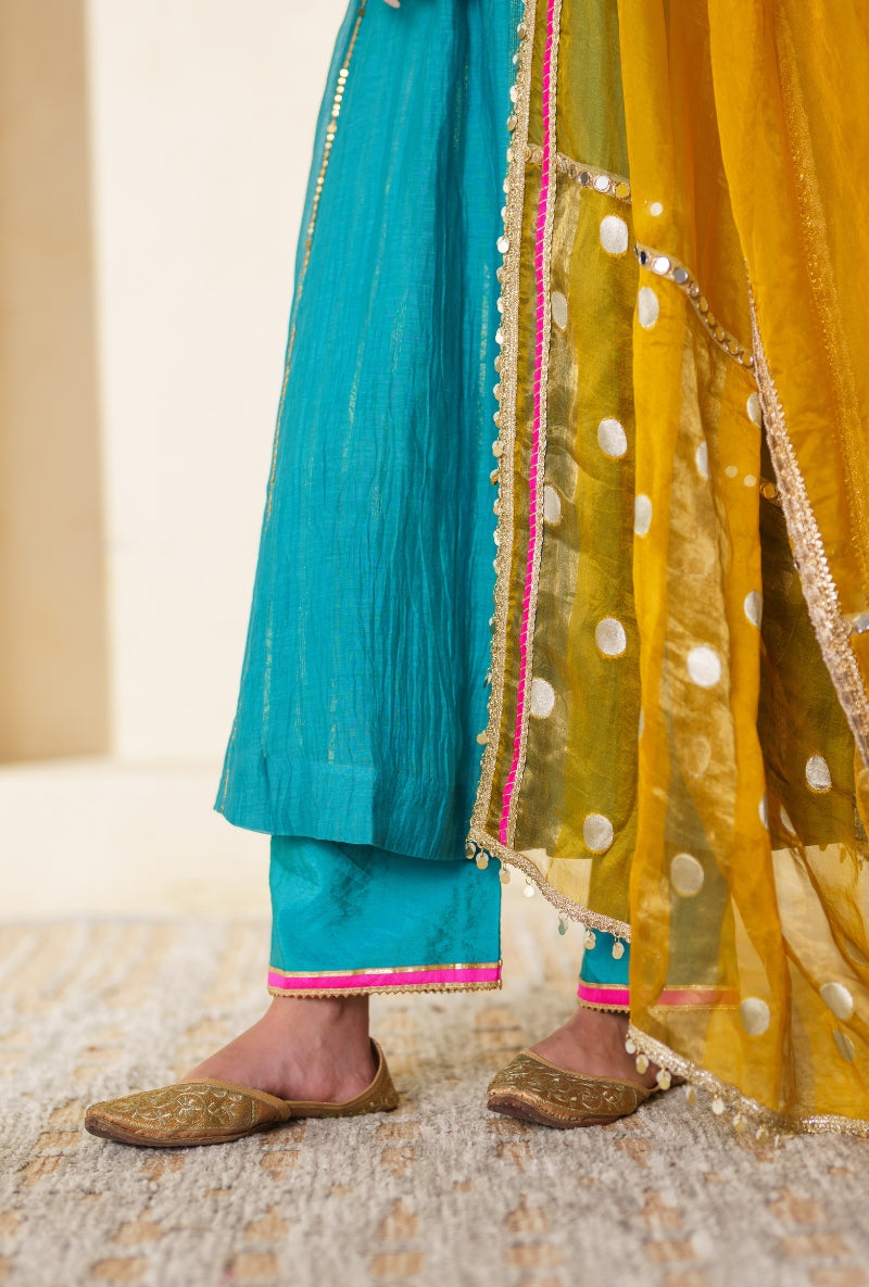 Teal Blue Sequin Long yoke Side Gather Nargis Kurta Set