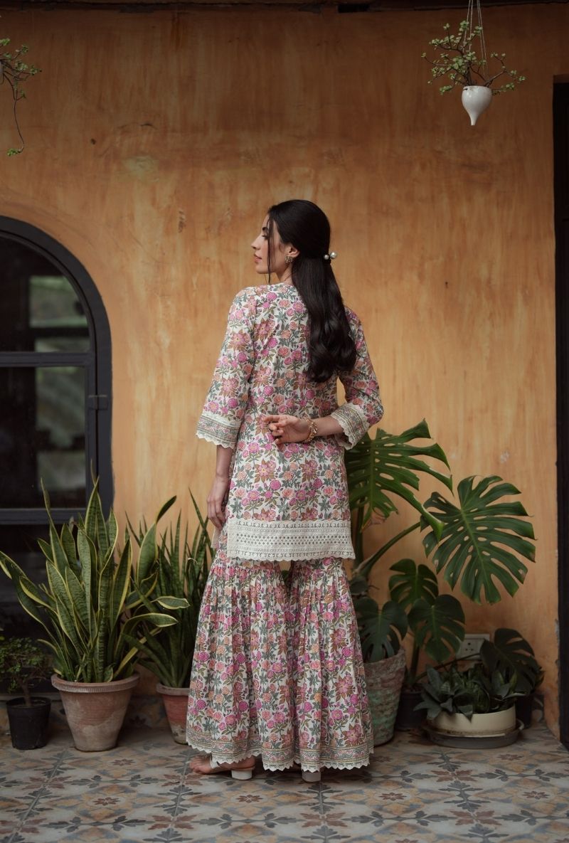 Ivory Handblock Print Short Kurta Raisa Gharara Set