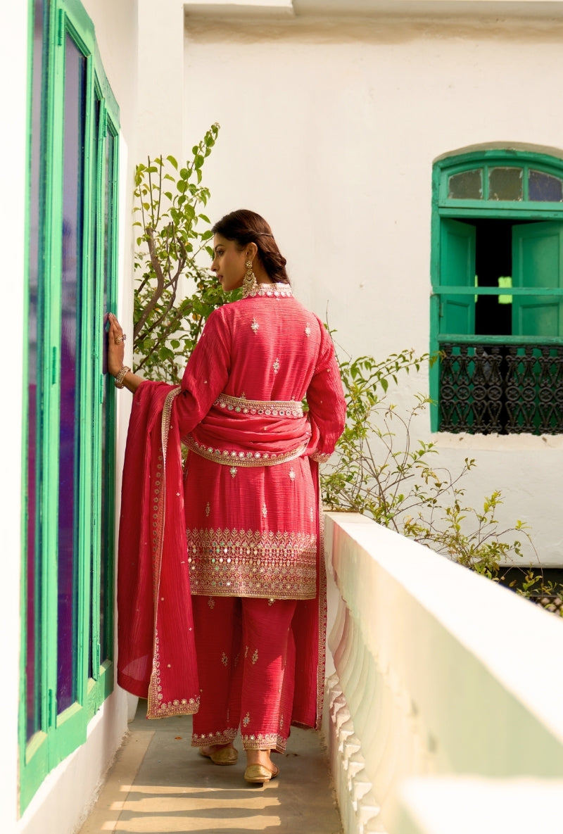 Red Embroidered A-Line Nadira Farshi Salwar Set