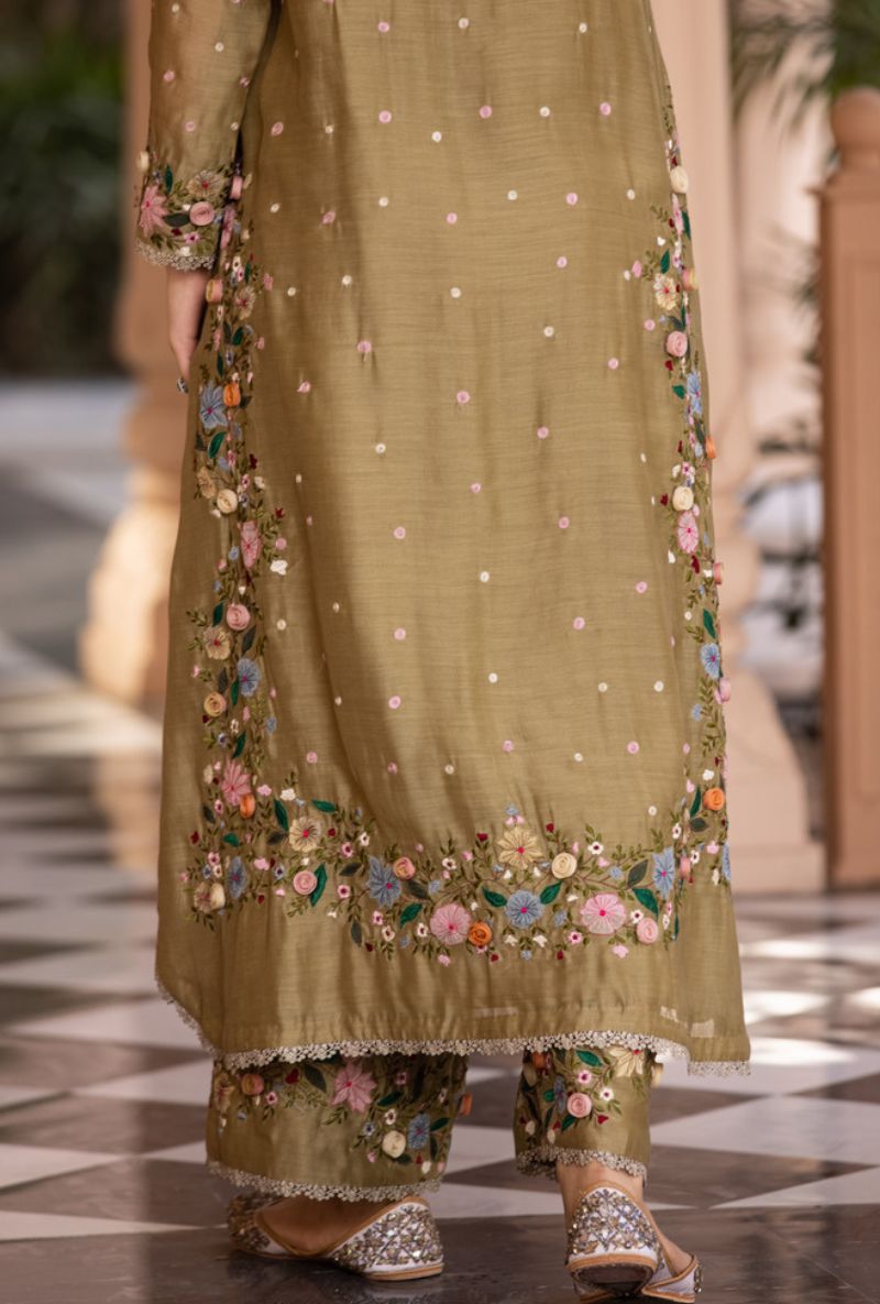 Olive Green Orchid Heavy Long Sahiba Kurta Set