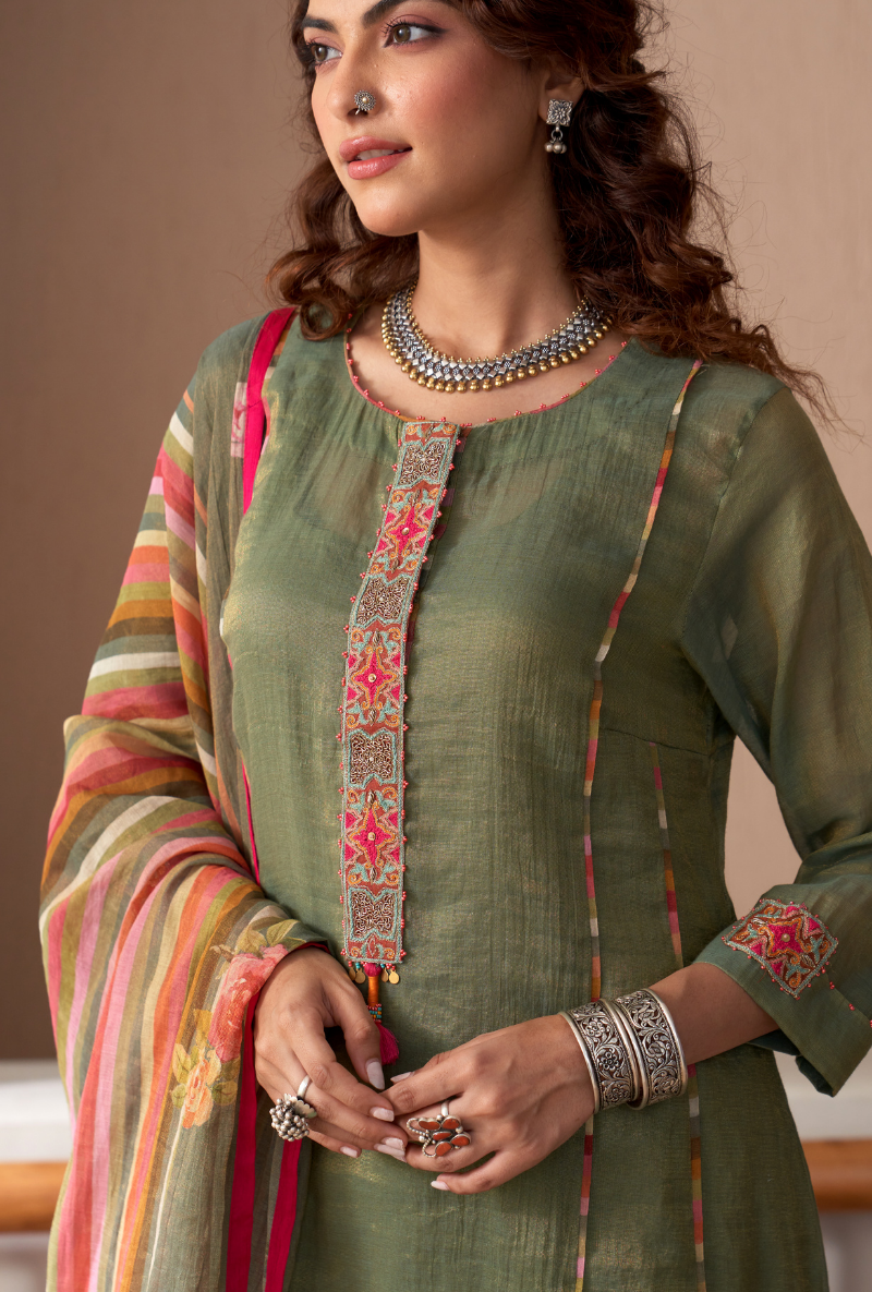 Green Embroidered Placket Bageecha Anarkali Set