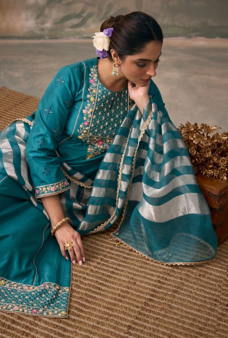 Teal Green Embroidered Jaal Yoke Jalsa Kurta Set