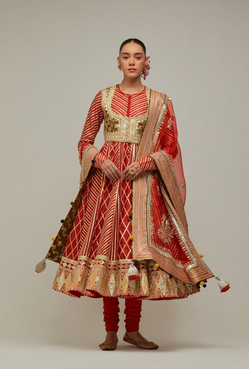 Tomato Red Gota Anarkali Mehreen Jacket Set