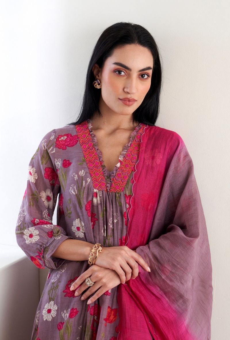 Lilac Floral Print Ruhi 2.0 Kurta Set