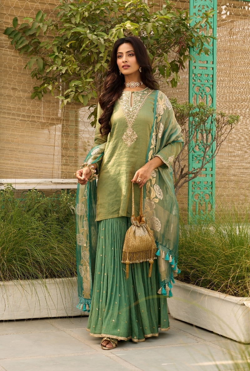 Green Embroidered Yoke Tissue Sabah Sharara Set