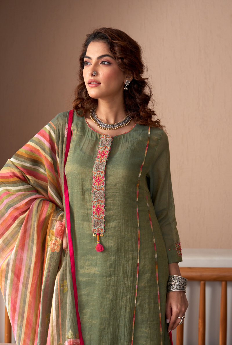 Green Embroidered Placket Bageecha Anarkali Set