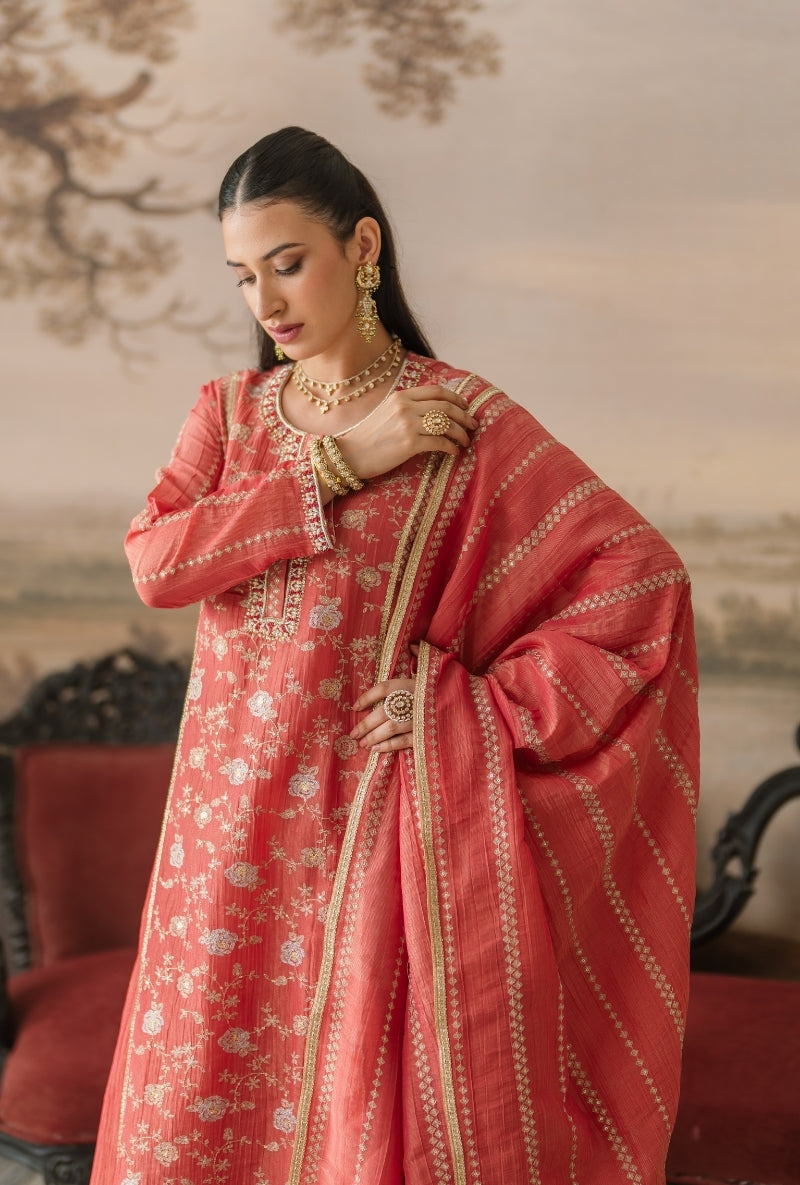 Coral Pink Embroidered Front Panel Gulbano Anarkali Set