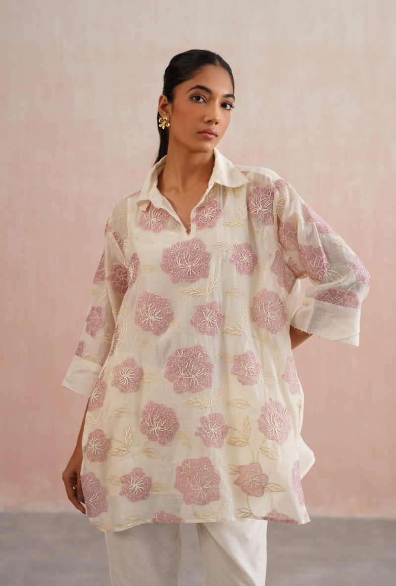 Ivory Applique and Pearl Embroidered Oversized Prisha Co-ord Set
