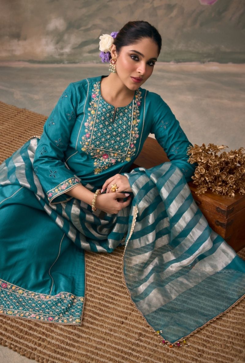 Teal Green Embroidered Jaal Yoke Jalsa Kurta Set