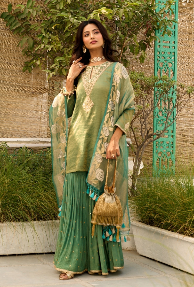 Green Embroidered Yoke Tissue Sabah Sharara Set