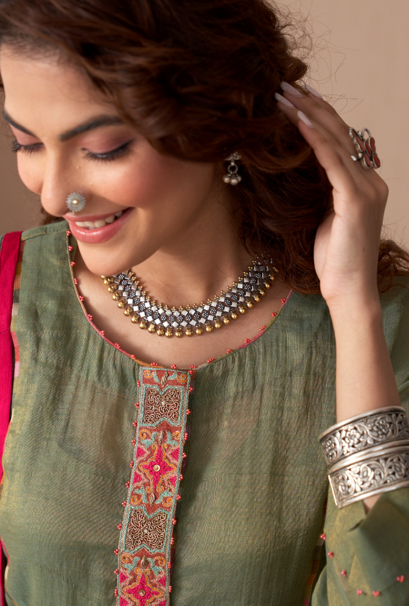 Green Embroidered Placket Bageecha Anarkali Set