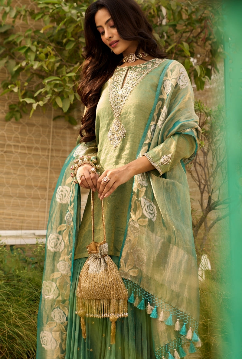 Green Embroidered Yoke Tissue Sabah Sharara Set