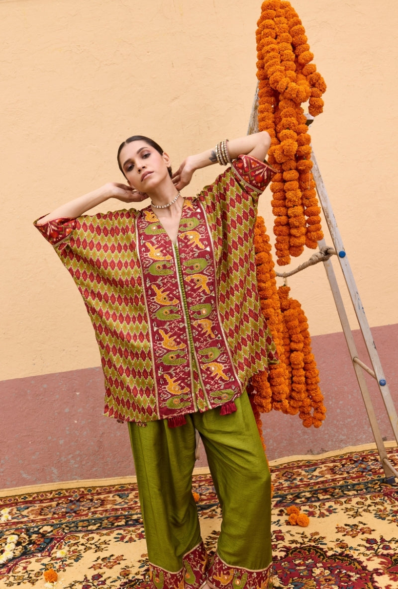 Green Patola Printed Short Oorja  Kaftan Set