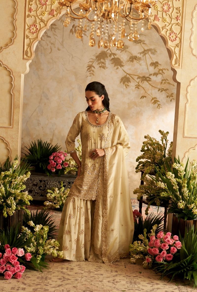 Ivory Round Neck Embroidered Rumi Gharara Set