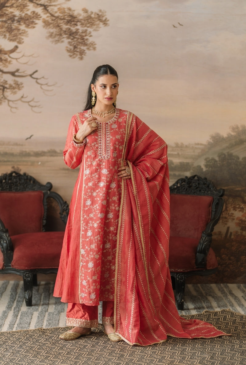 Coral Pink Embroidered Front Panel Gulbano Anarkali Set
