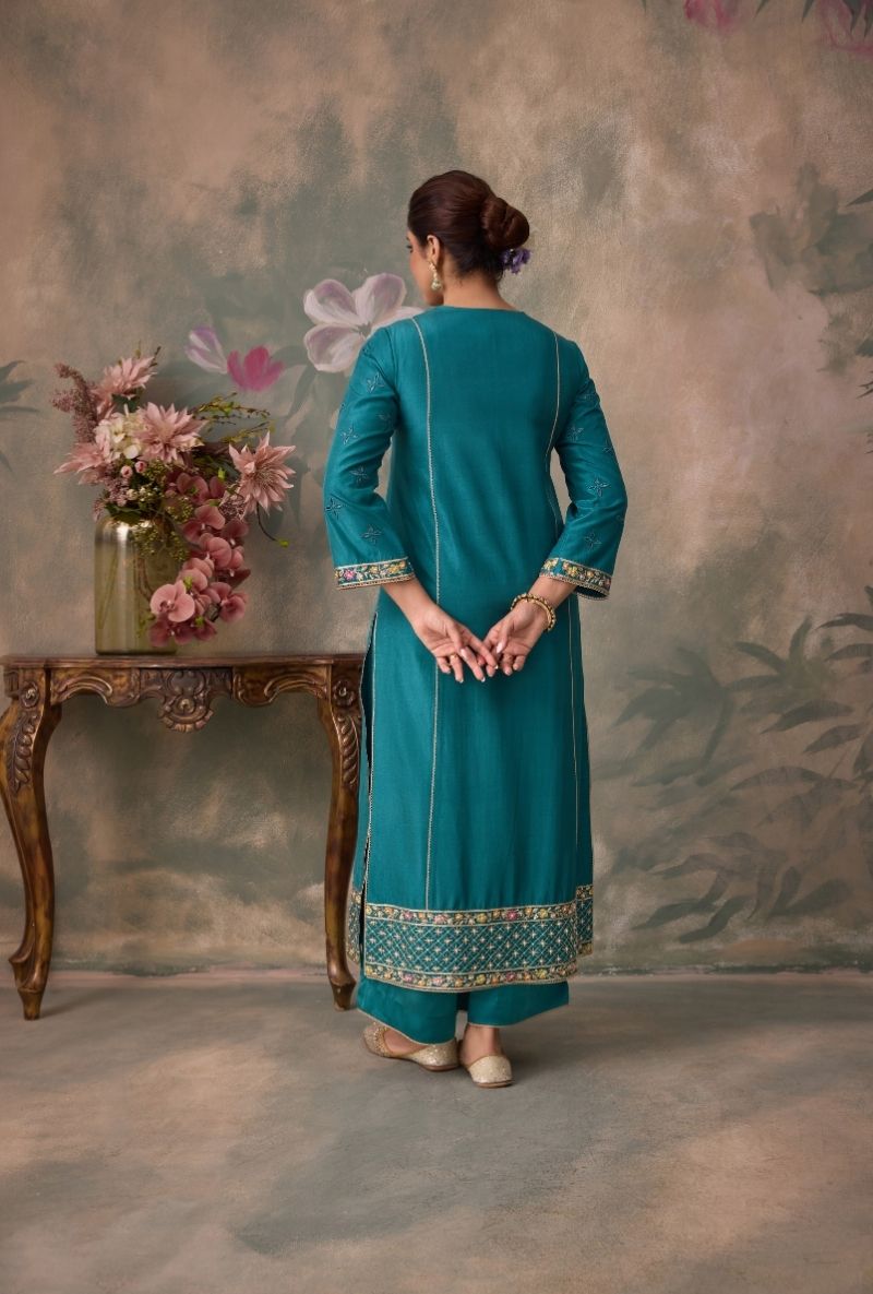 Teal Green Embroidered Jaal Yoke Jalsa Kurta Set