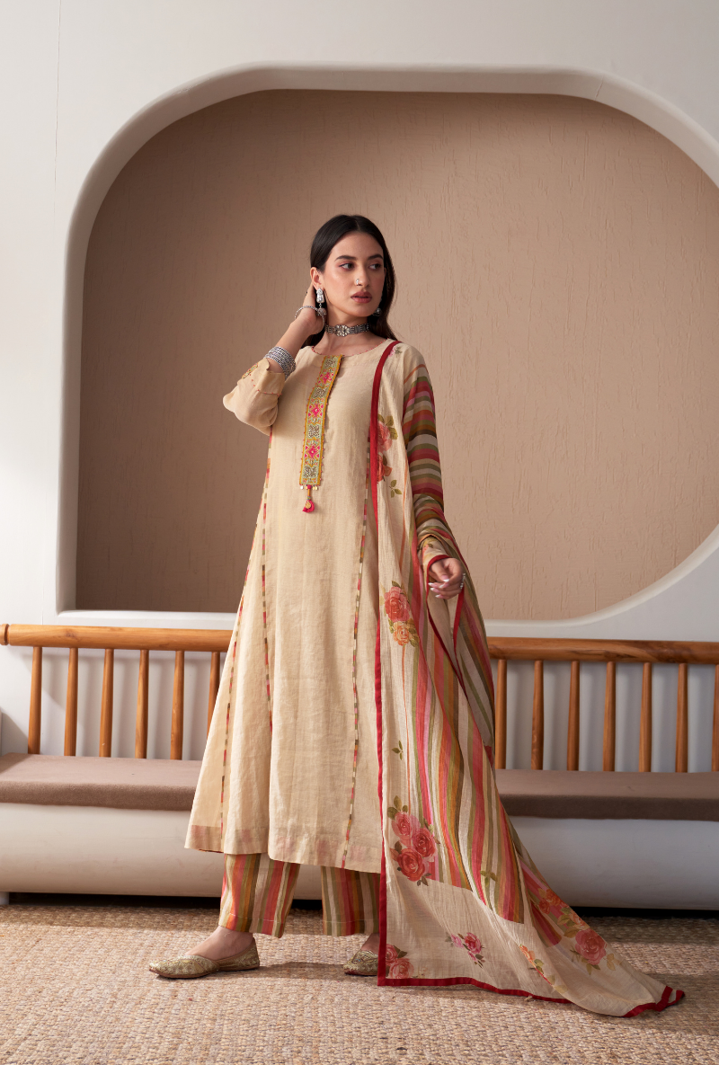 Ivory Embroidered Placket Bageecha Anarkali Set