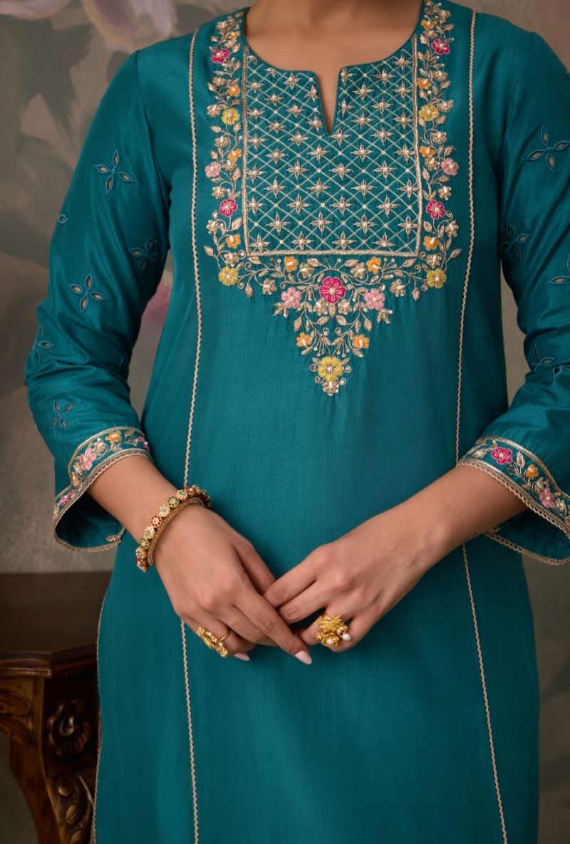 Teal Green Embroidered Jaal Yoke Jalsa Kurta Set