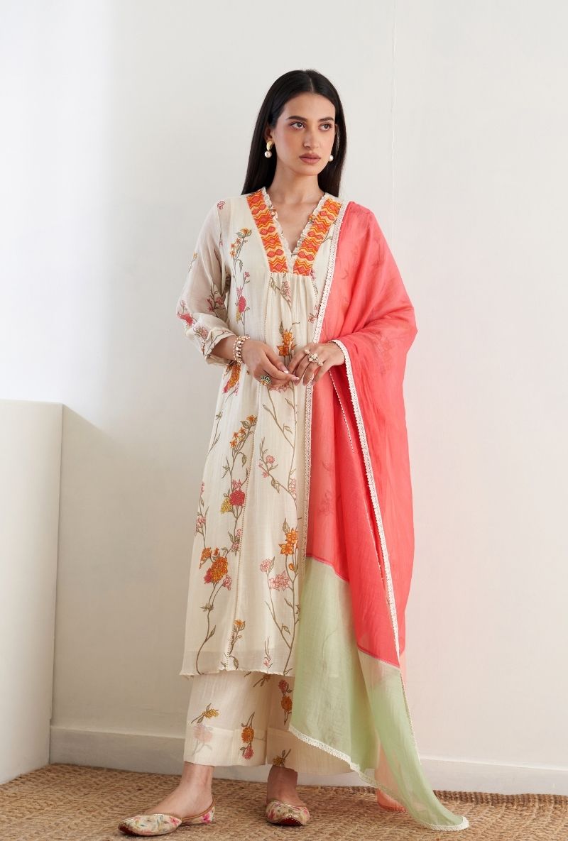 Ivory Floral Print Ruhi 2.0 Kurta Set