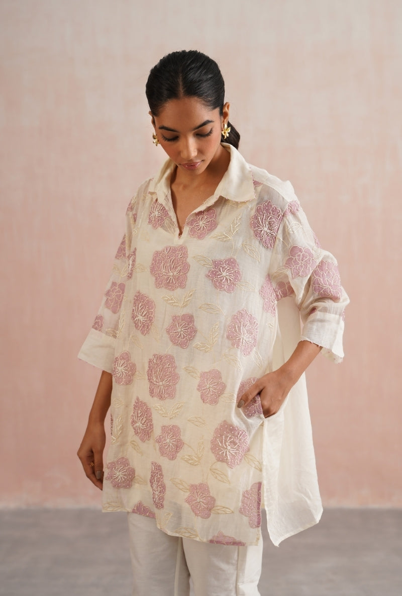 Ivory Applique and Pearl Embroidered Oversized Prisha Co-ord Set