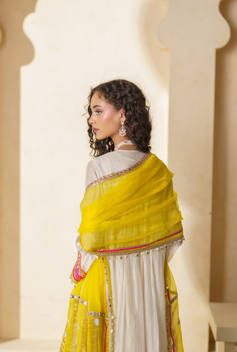 Ivory Sequin Long yoke Side Gather Nargis Kurta Set