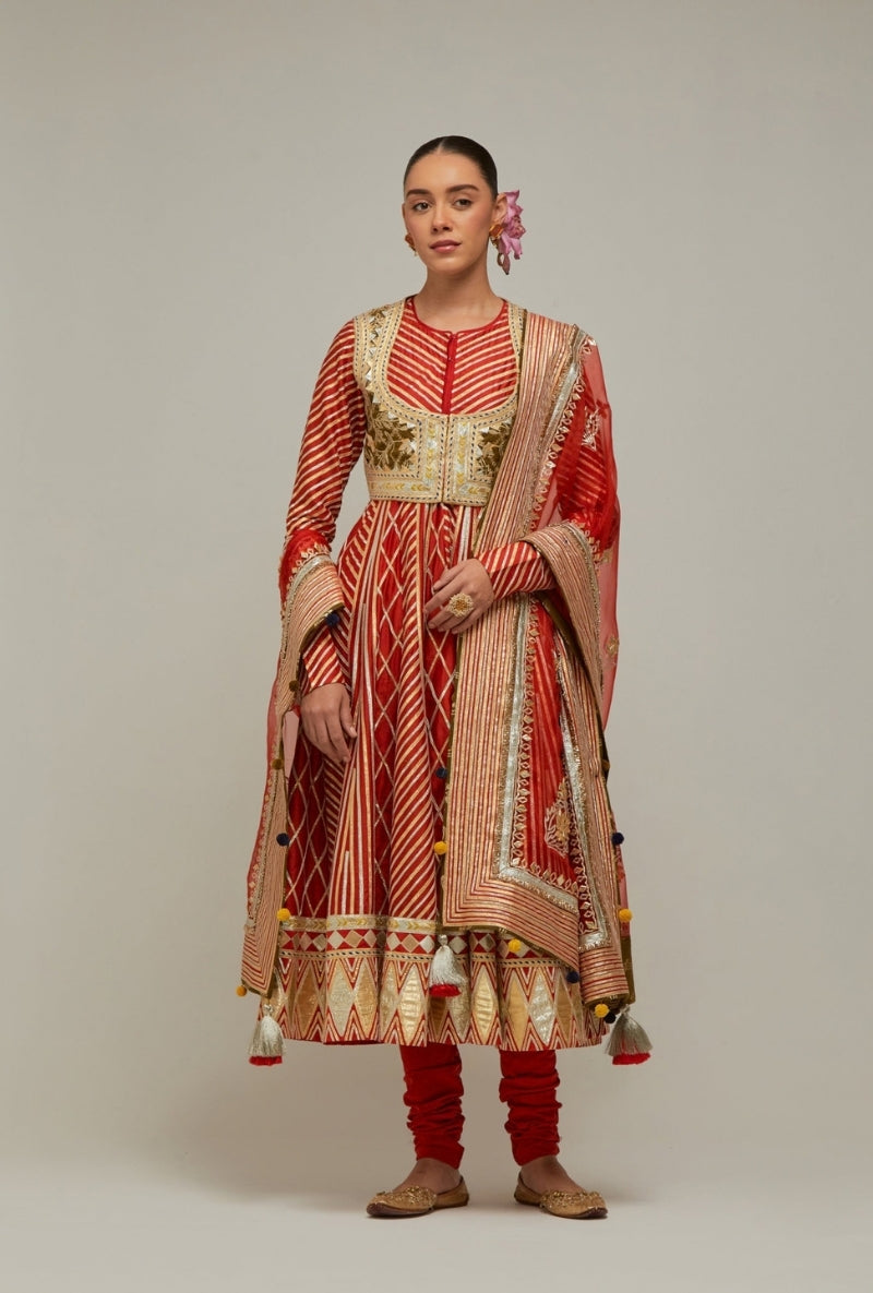 Tomato Red Gota Anarkali Mehreen Jacket Set