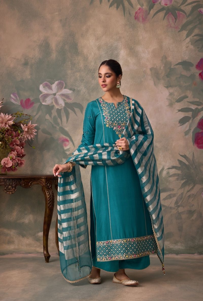 Teal Green Embroidered Jaal Yoke Jalsa Kurta Set