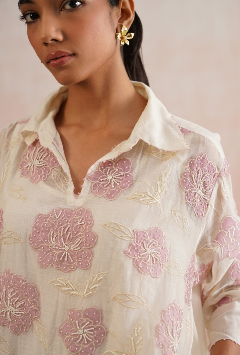 Ivory Applique and Pearl Embroidered Oversized Prisha Co-ord Set