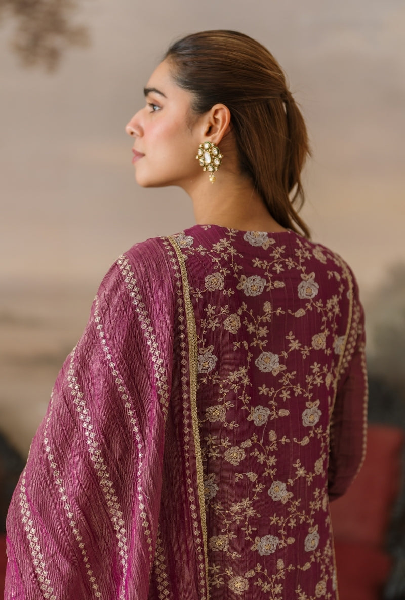 Purple Embroidered Front Panel Gulbano Anarkali Set