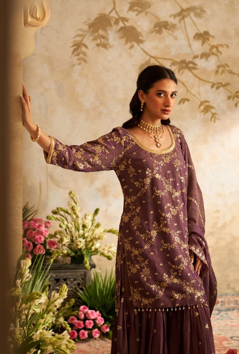 Purple Embroidered Rumi Gharara Set