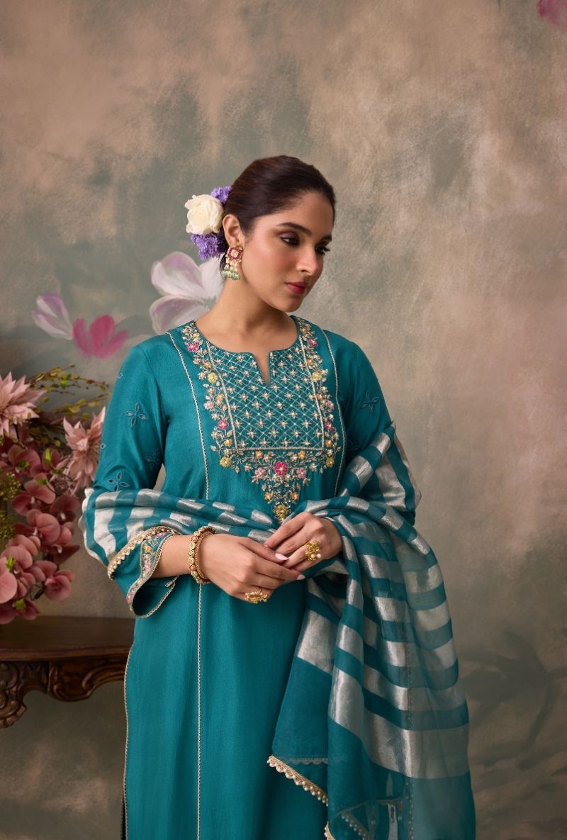 Teal Green Embroidered Jaal Yoke Jalsa Kurta Set