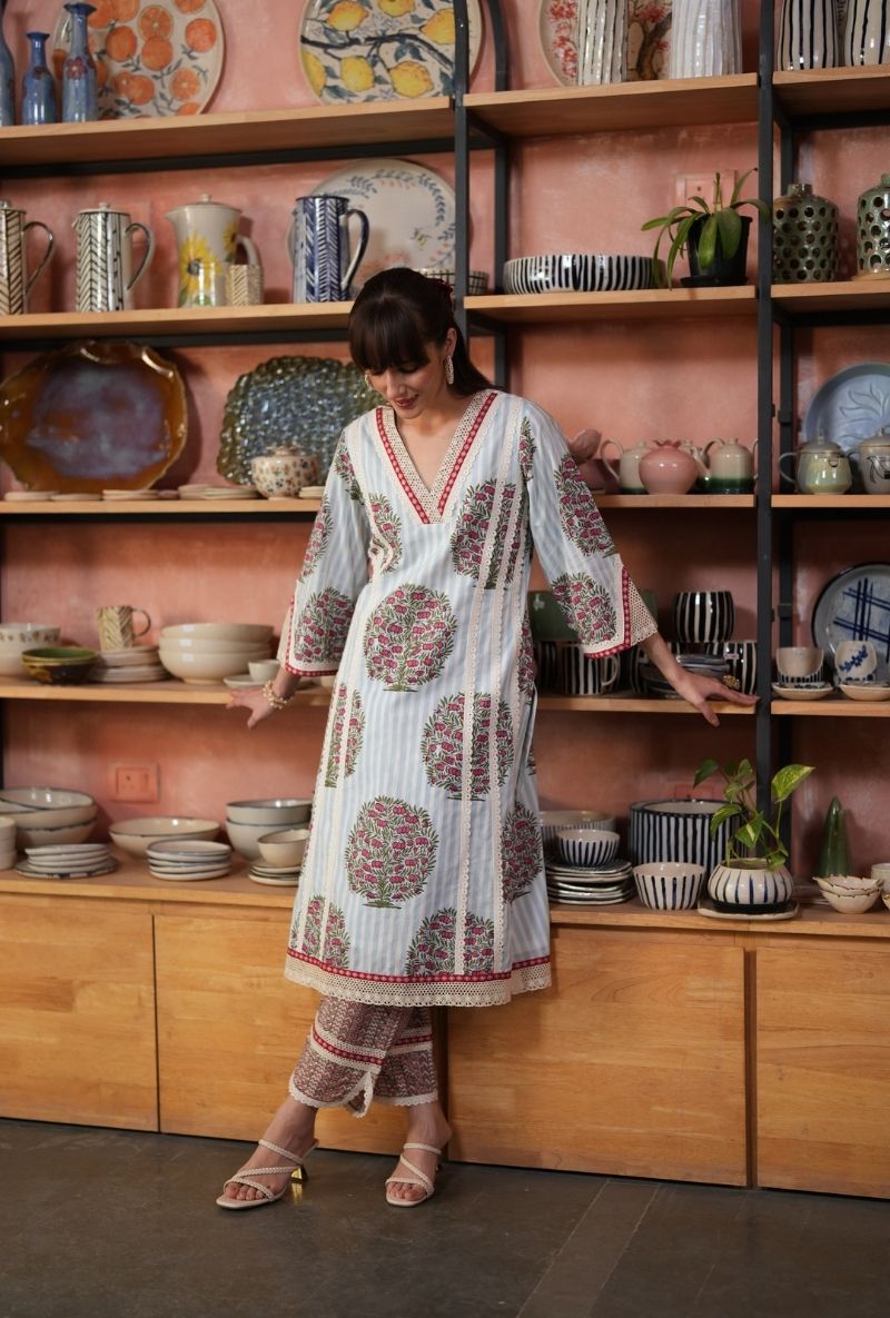 Powder Blue Annar Boota Motif Raisa Kurta Set