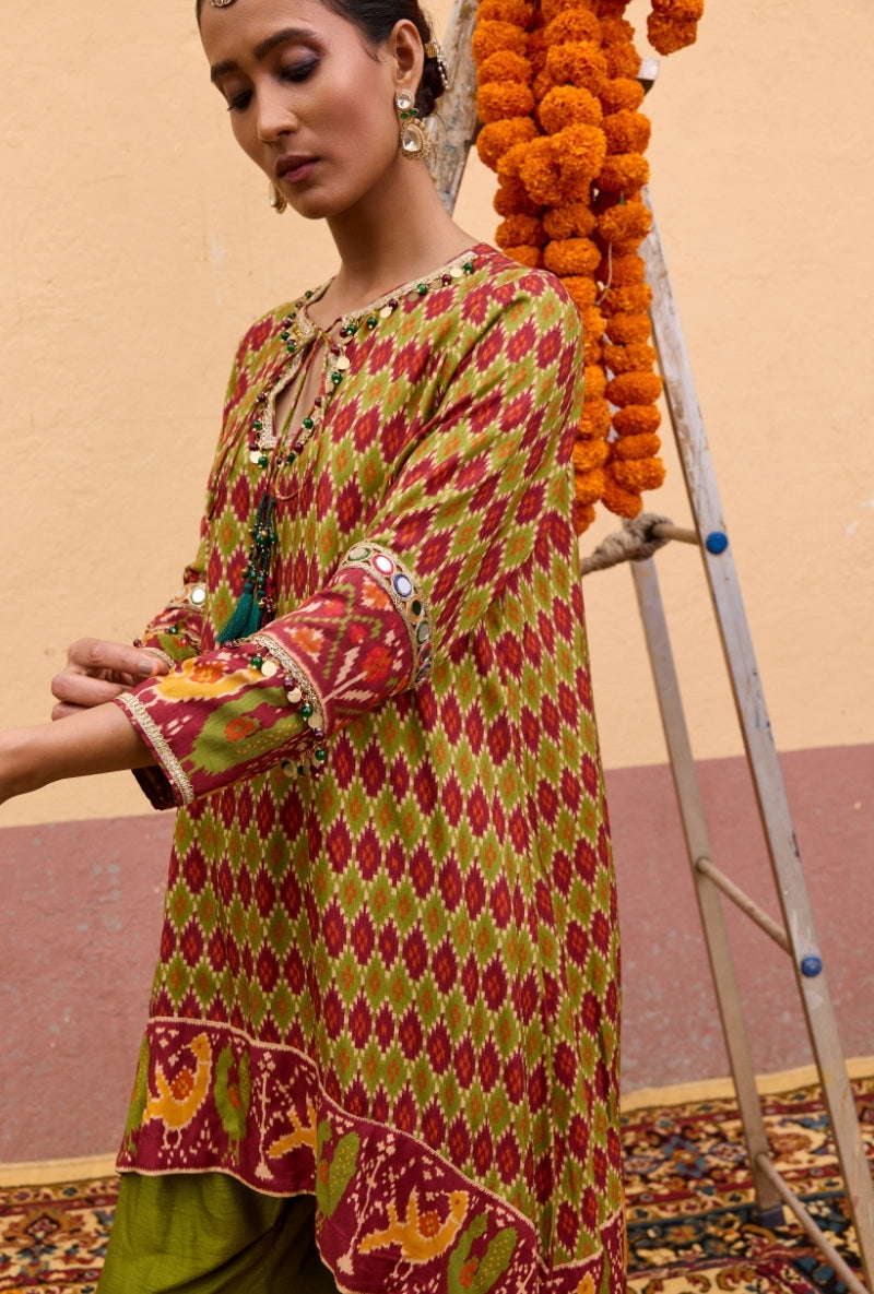 Green Ikat Asymmetric Oorja Kurta Set