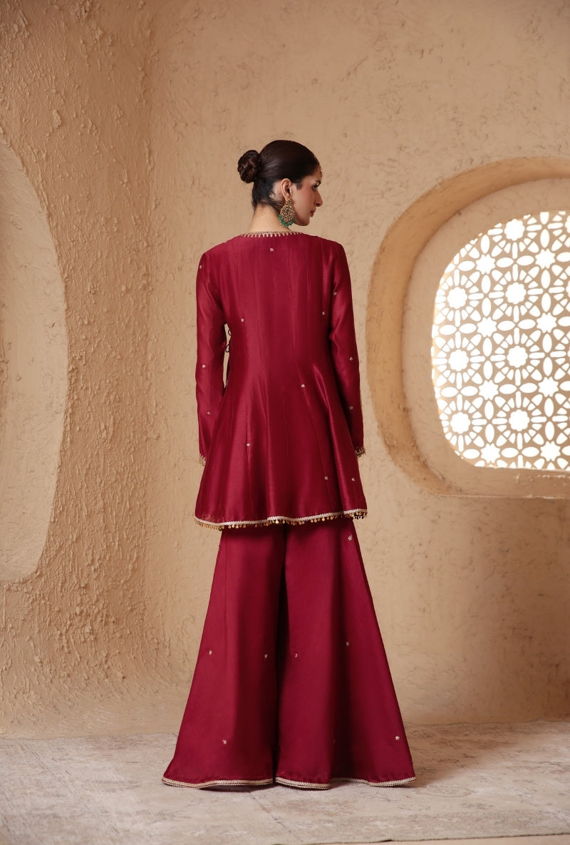 Maroon Angrakha Nihira Sharara Set