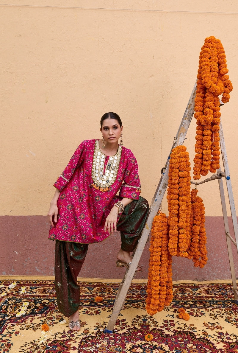 Pink Embroidered Yoke Patola Oorja Salwar Set