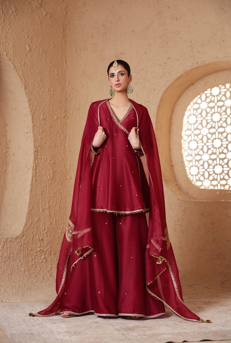 Maroon Angrakha Nihira Sharara Set