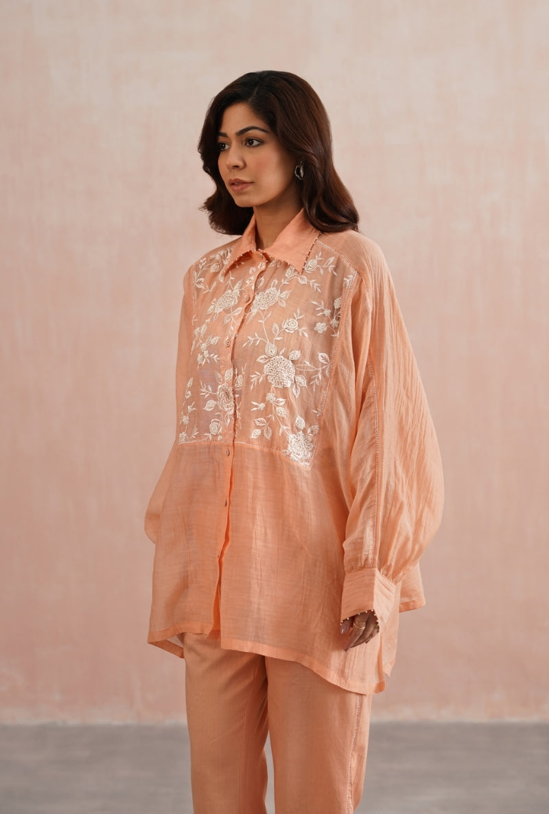 Peach Pearl Embroidered Kimono Prisha Co-ord set