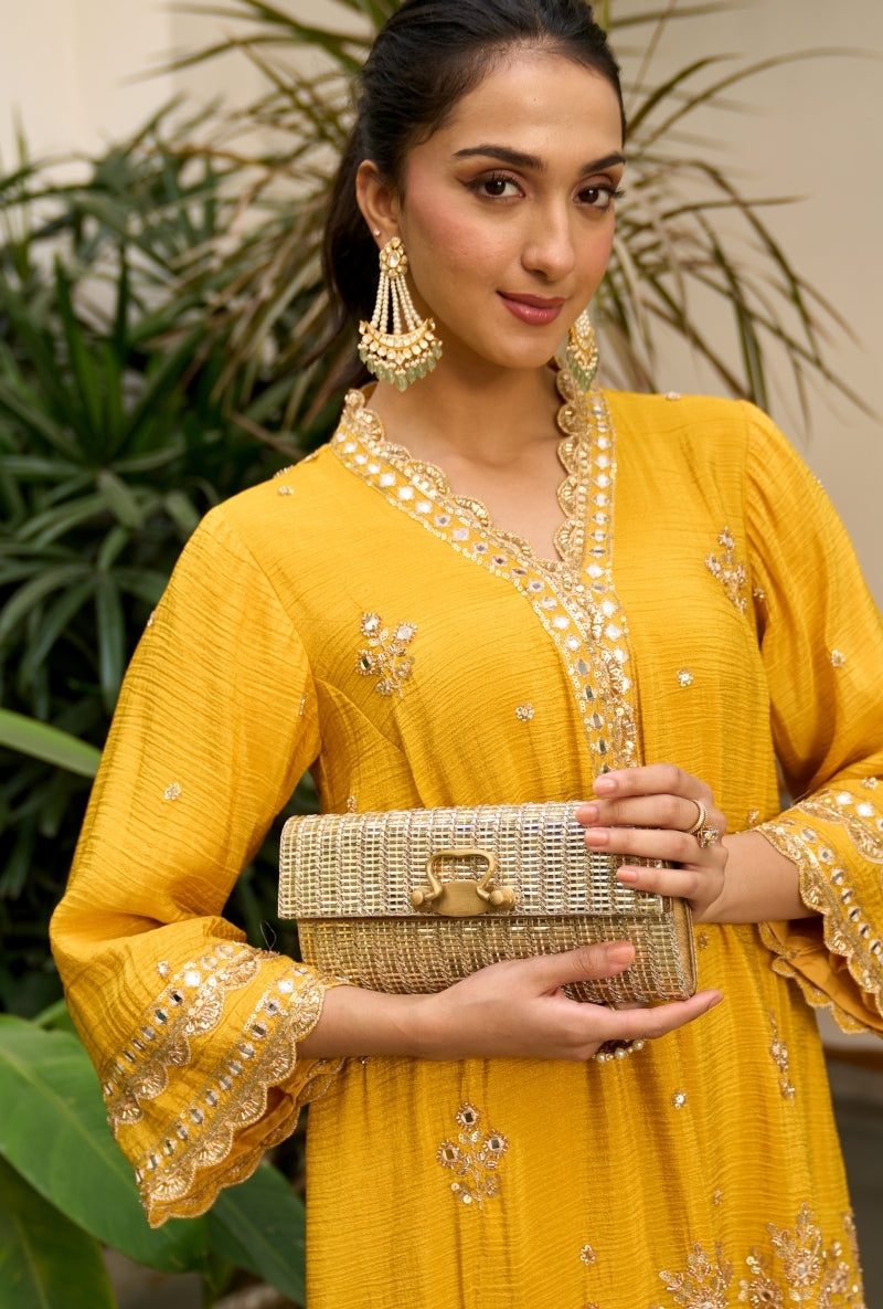 Yellow Embroidered A-Line Nadira Farshi Salwar Set
