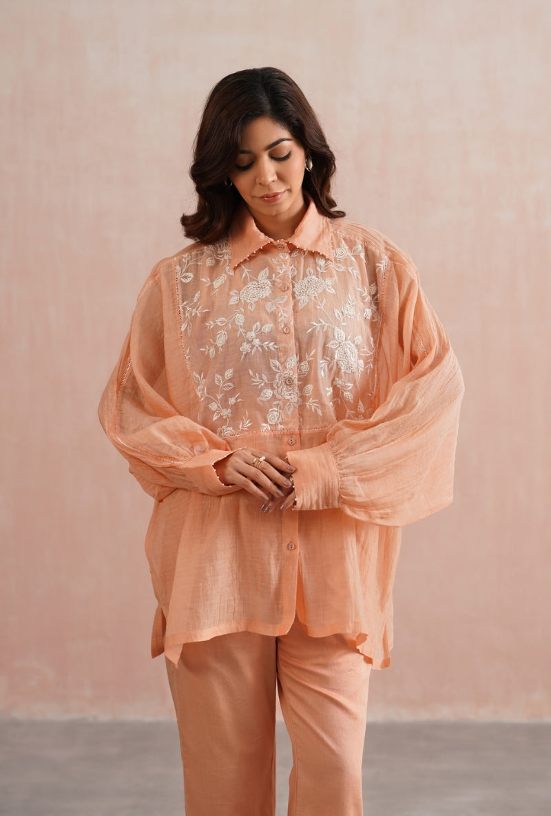 Peach Pearl Embroidered Kimono Prisha Co-ord set