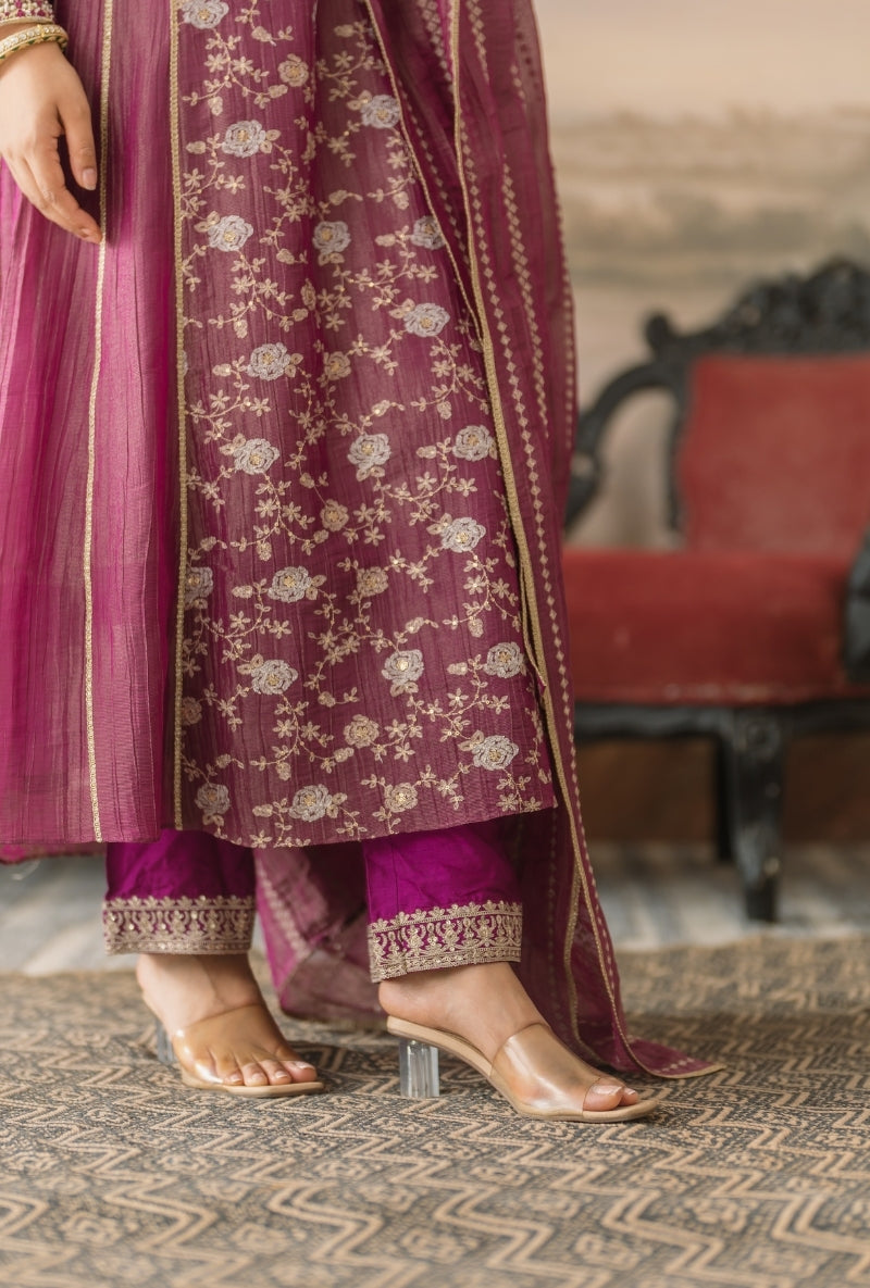 Purple Embroidered Front Panel Gulbano Anarkali Set