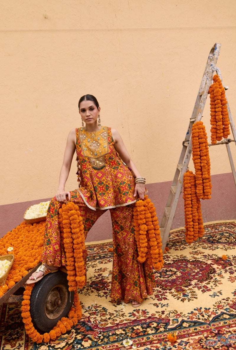 Yellow Patola Short Kali Oorja Sharara Set