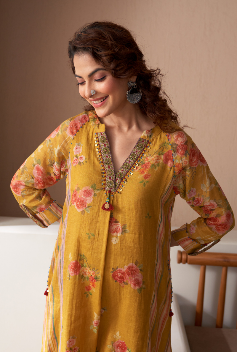 Mustard Embroidered V Neck Bageecha Kurta Set