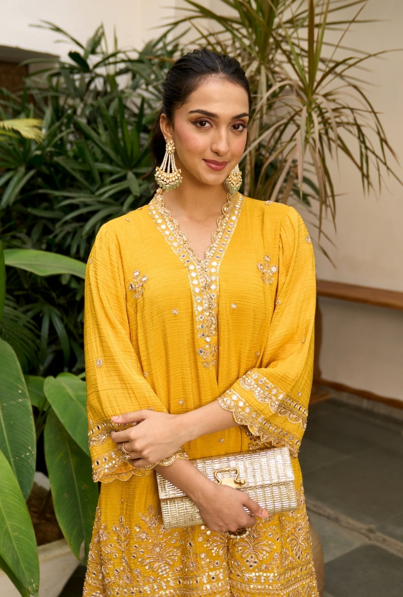 Yellow Embroidered A-Line Nadira Farshi Salwar Set