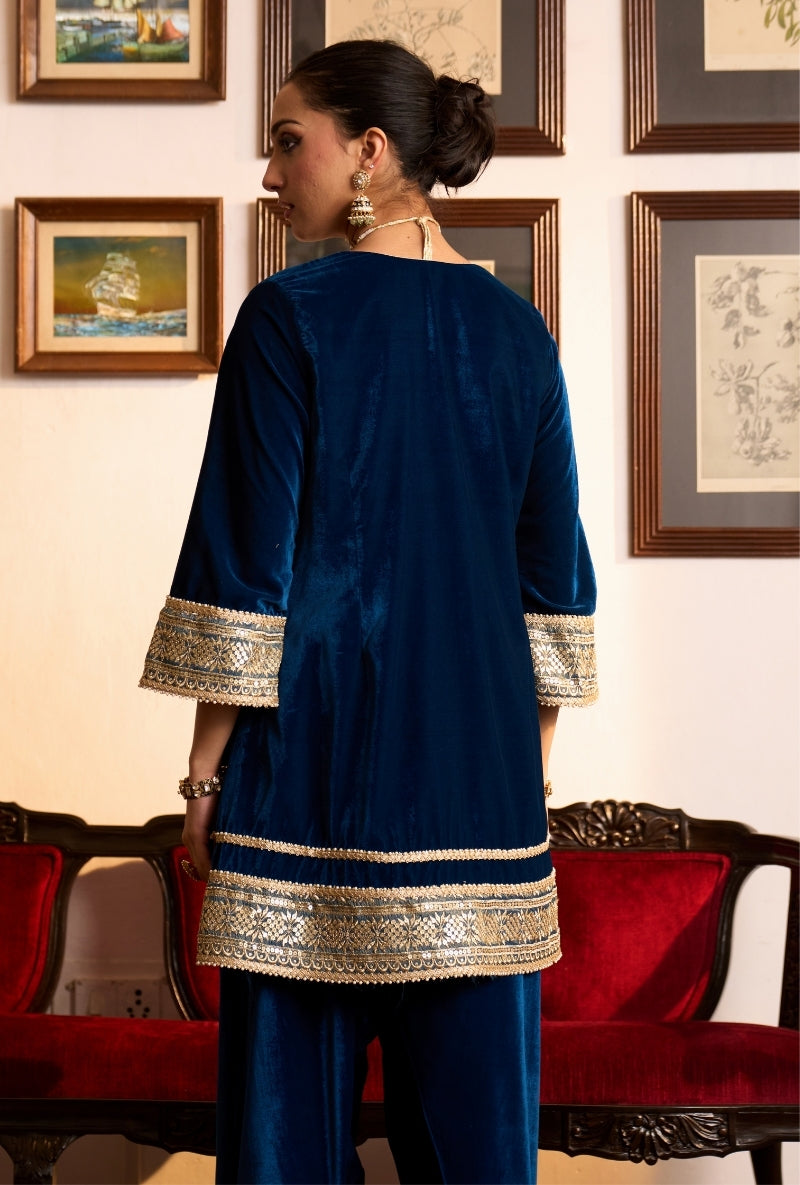 Blue Long Zari Embroidery Yoke Dilbar Farshi Salwar Set
