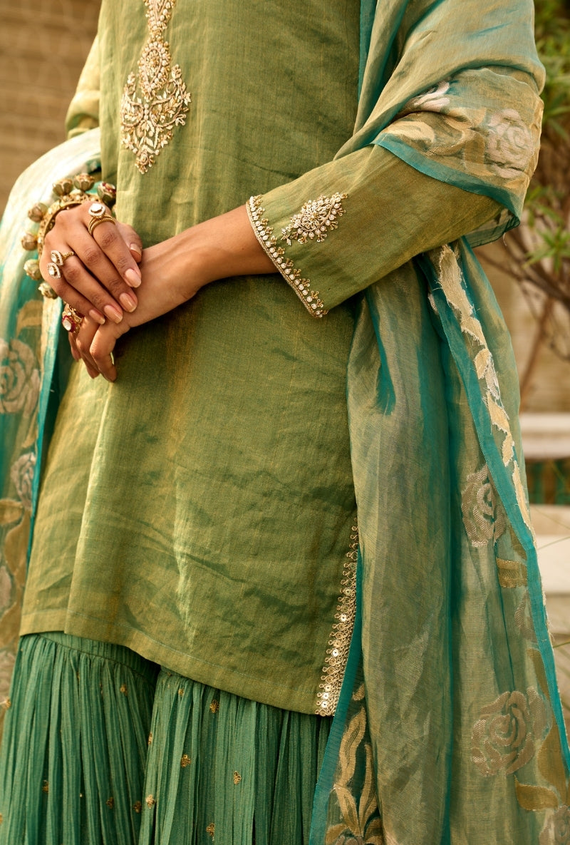 Green Embroidered Yoke Tissue Sabah Sharara Set