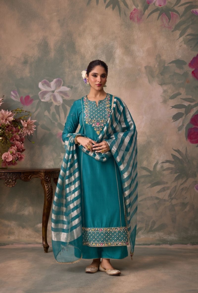 Teal Green Embroidered Jaal Yoke Jalsa Kurta Set