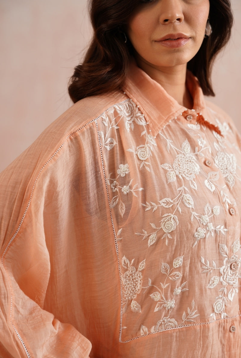Peach Pearl Embroidered Kimono Prisha Co-ord set