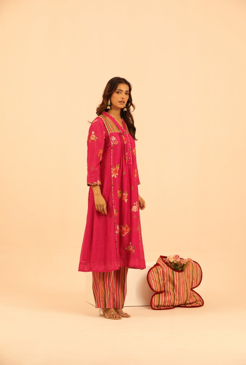 Pink Multistripes Yoke Sakhi Kurta Set