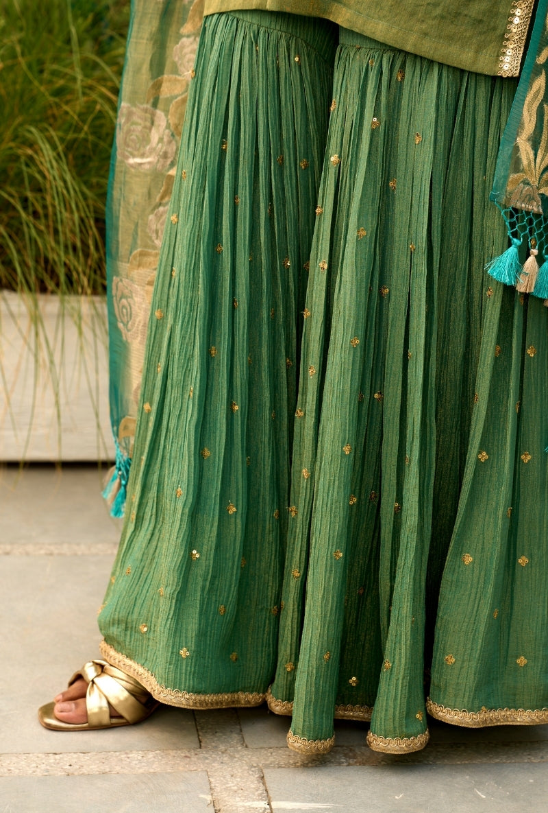 Green Embroidered Yoke Tissue Sabah Sharara Set